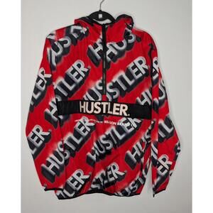 Reason Jacket Mens medium Red Hustler Logo Hooded 1/4 Zip Windbreaker Pullover